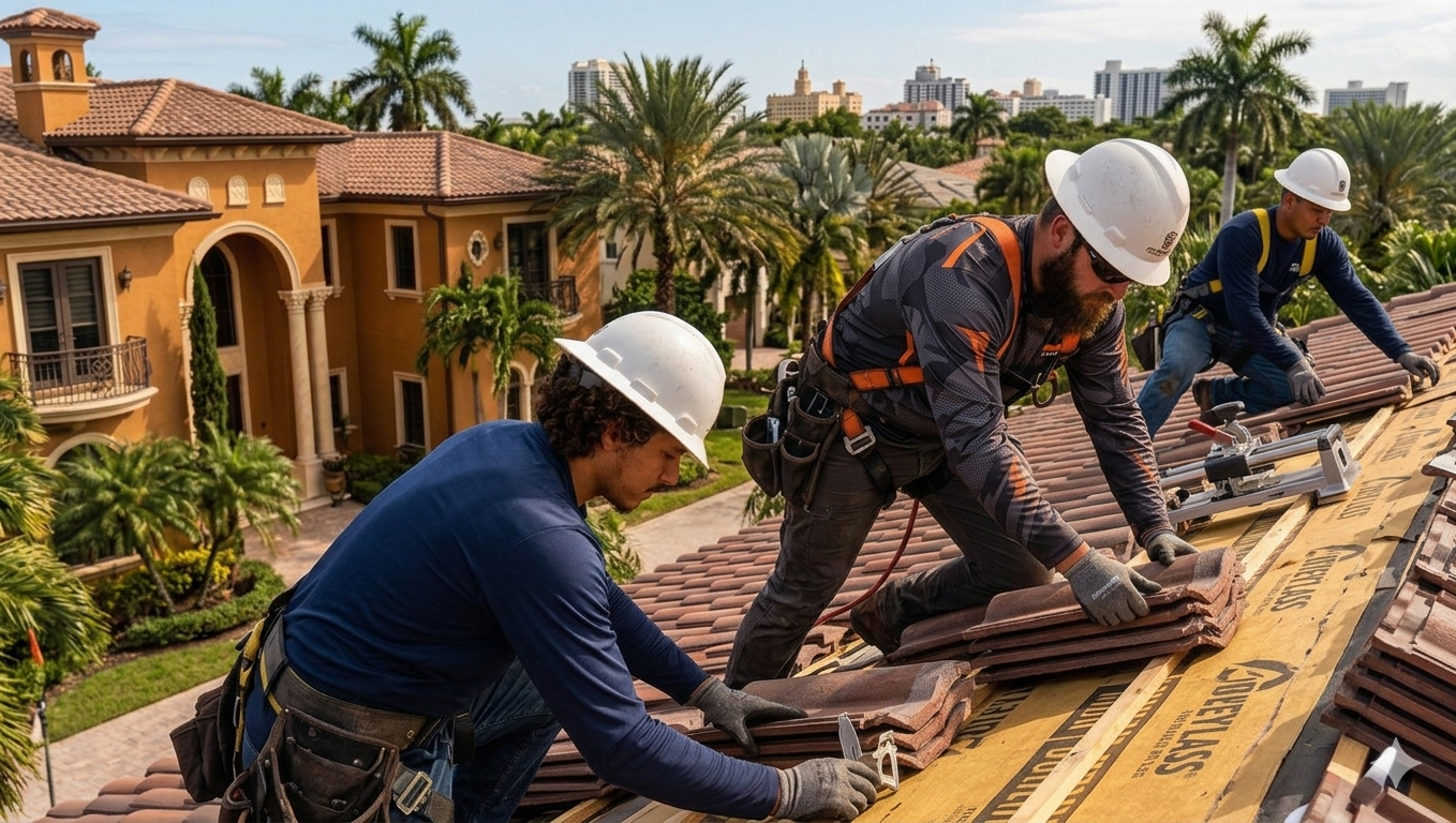 Trabajadores hispanos instalando techos en West Palm Beach